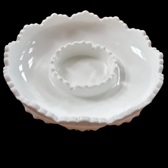 Vintage Fenton Glass Ashtray MCM White Scalloped Chip and Dip Bowl Hobnail Vtg - Picture 2 of 12